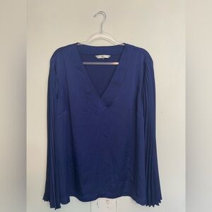 Trina Turk Split V-Neck Top With Accordion-Pleated Long Sleeves